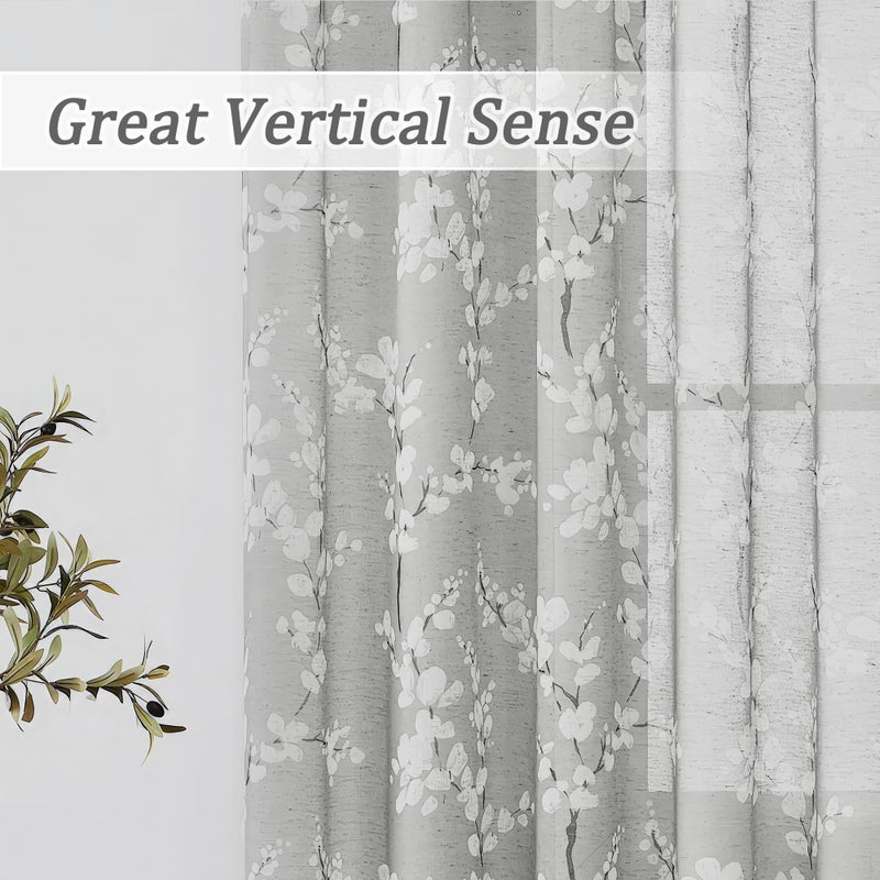 FMFUNCTEX Linen Sheer Curtains for Bedroom, Grey White Blossom Print Curtains 63 Inch Length for Living Room, Floral Patterned Farmhouse Curtain Light Filtering Window Drapes 2 Panels, Rod Pocket - Image 4